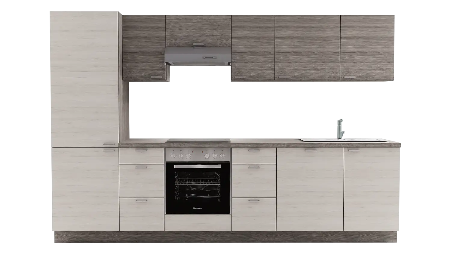 Express Küchenzeile mit Geräten in Eiche weiß & Eiche grau: 310 cm, Spüle rechts | Küchenblock "EXK480-1-1-r"