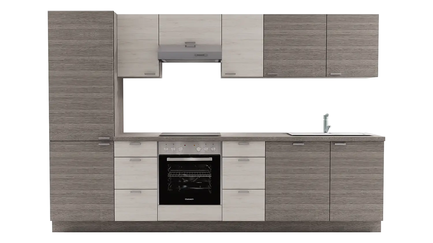 Express Küchenzeile mit Geräten in Eiche weiß & Eiche grau: 310 cm, Spüle rechts | Küchenblock "EXK480-2-1-r"
