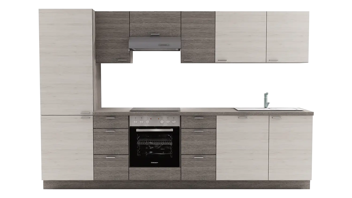 Express Küchenzeile mit Geräten in Eiche weiß & Eiche grau: 310 cm, Spüle rechts | Küchenblock "EXK480-3-1-r"
