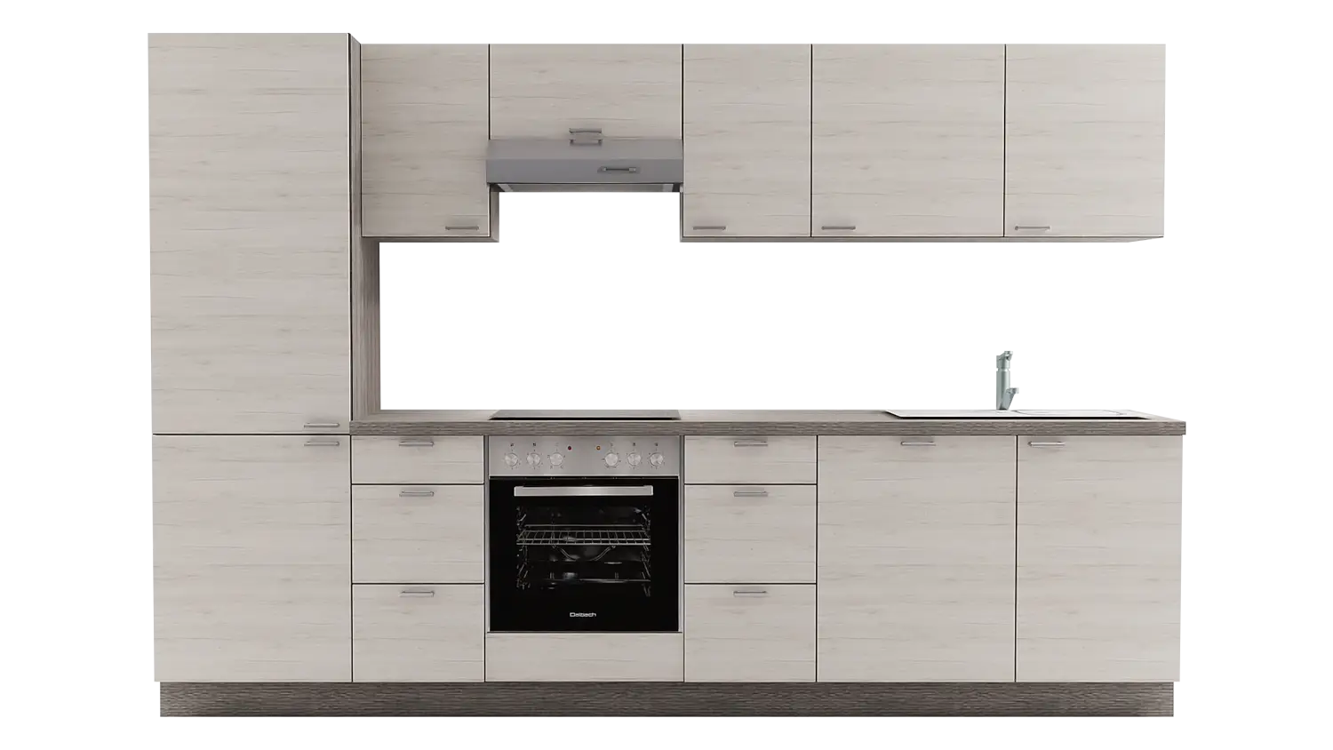 Express Küchenzeile mit Geräten in Eiche weiß & Eiche grau: 310 cm, Spüle rechts | Küchenblock "EXK480-6-1-r"