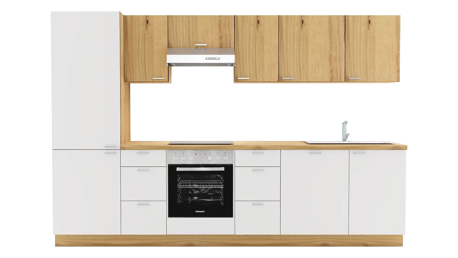 Express Küchenzeile mit Geräten in Weiß & Eiche astig: 310 cm, Spüle rechts | Küchenblock "EXK480-5-1-r"