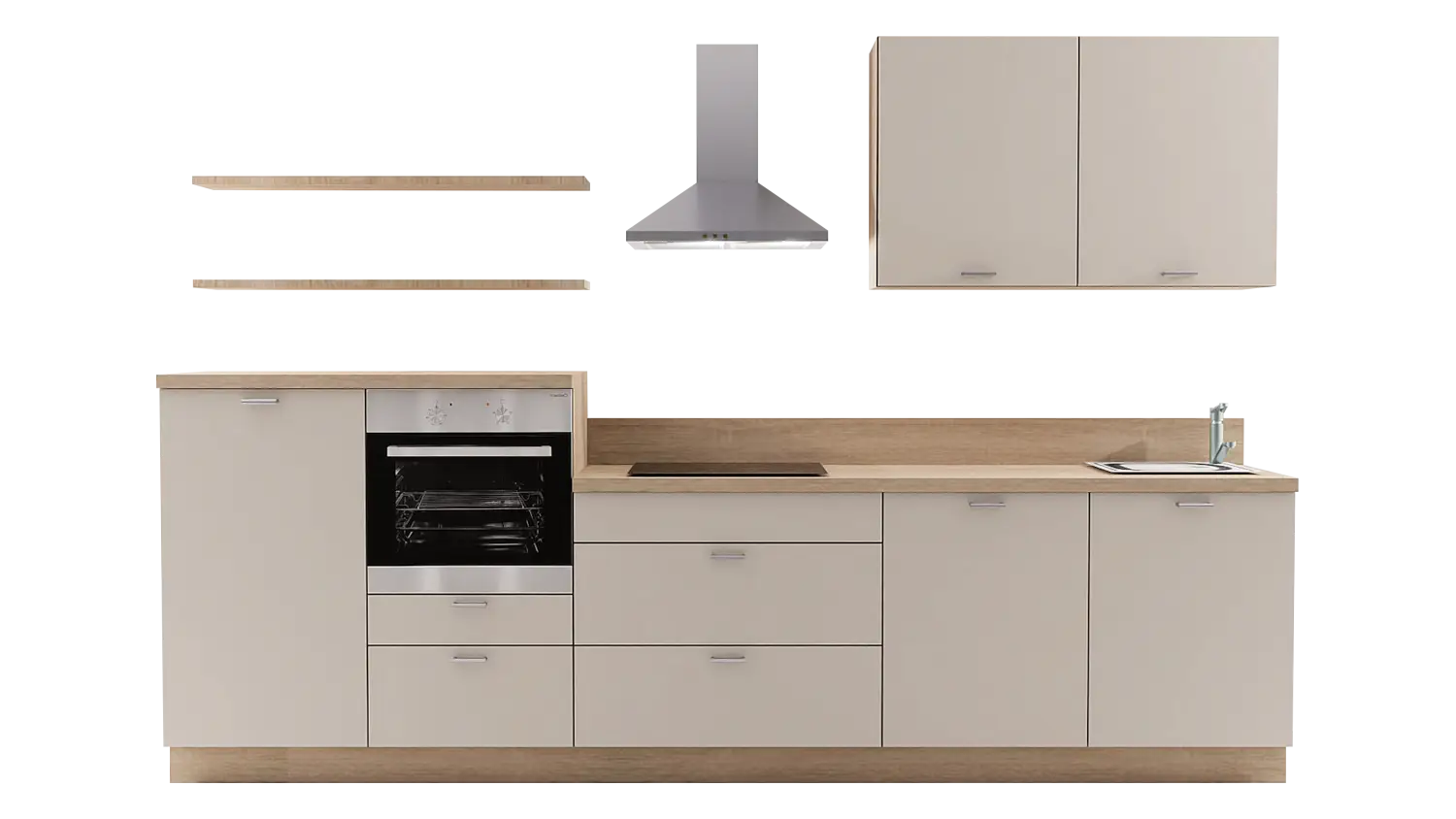 Express Küchenzeile mit Geräten in Crema & Bergeiche: 330 cm, Spüle rechts | Küchenblock "EXK490-1-1-r"