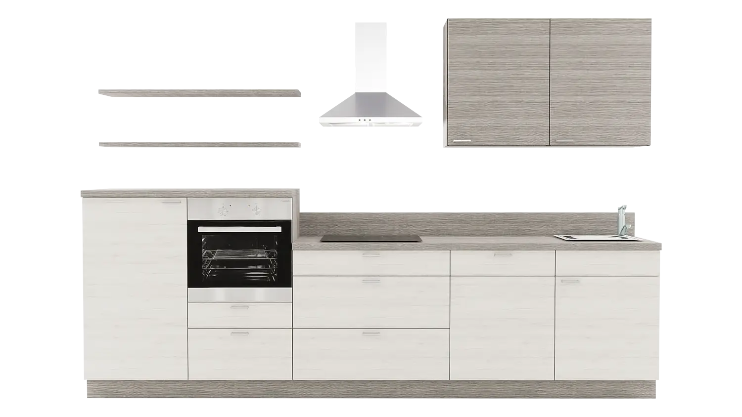 Express Küchenzeile mit Geräten in Eiche weiß & Eiche grau: 330 cm, Spüle rechts | Küchenblock "EXK500-2-1-r" / Bild 1