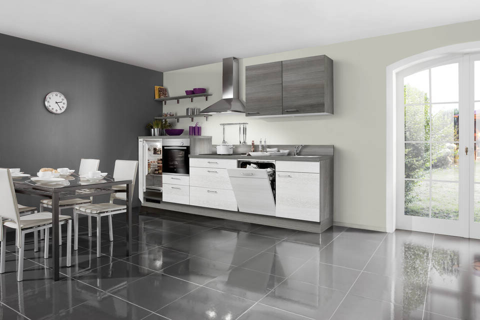 Express Küchenzeile mit Geräten in Eiche weiß & Eiche grau: 330 cm, Spüle rechts | Küchenblock "EXK500-2-1-r"