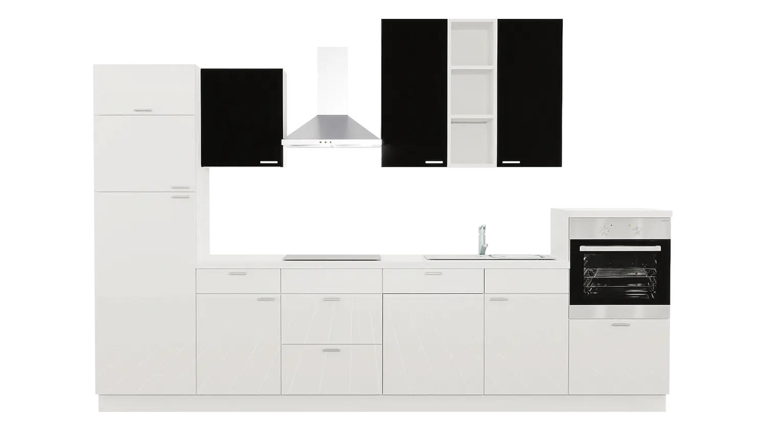 Express Küchenzeile mit Geräten in Weiß Hochglanz & Schwarz & Weiß: 340 cm, Spüle rechts | Küchenblock "EXK510-3-1-r"