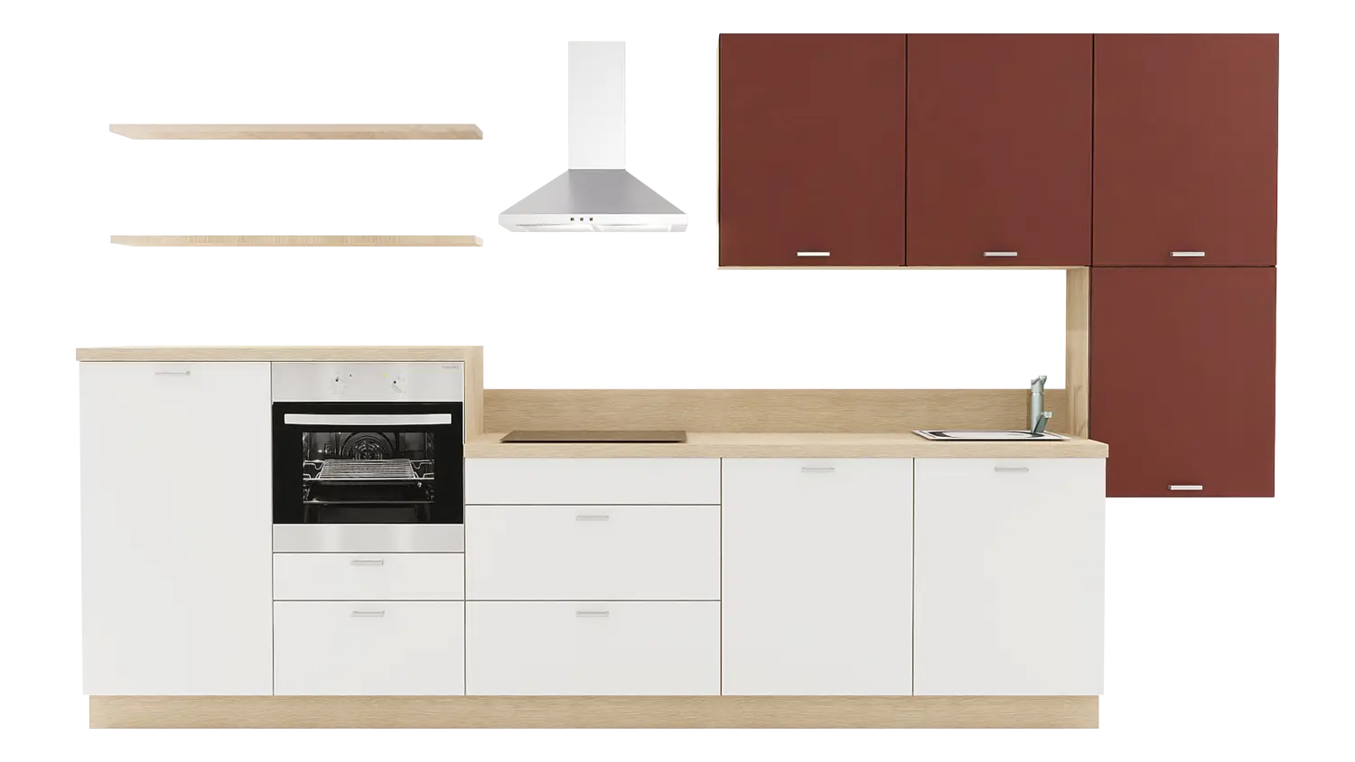 Express Küchenzeile mit Geräten in Weiß & Karminrot & Wildeiche: 380 cm, Spüle rechts | Küchenblock "EXK530-4-1-r"