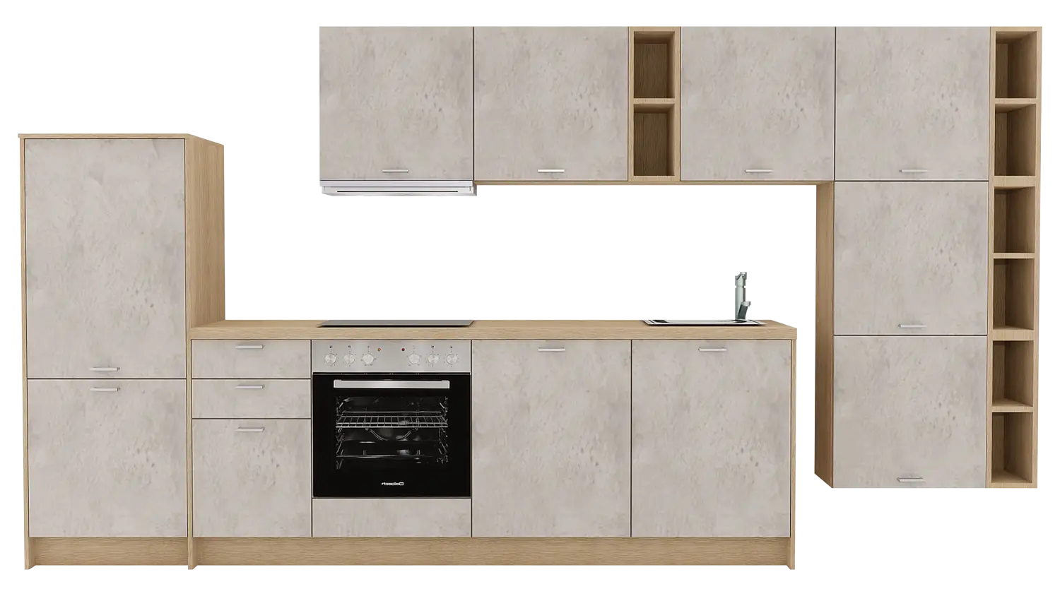 Express Küchenzeile mit Geräten in Beton hell & Wildeiche: 389 cm, Spüle rechts | Küchenblock "EXK560-1-1-r" / Bild 1