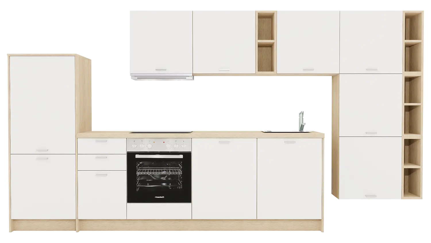 Express Küchenzeile mit Geräten in Weiß & Wildeiche: 389 cm, Spüle rechts | Küchenblock "EXK560-2-1-r" / Bild 1
