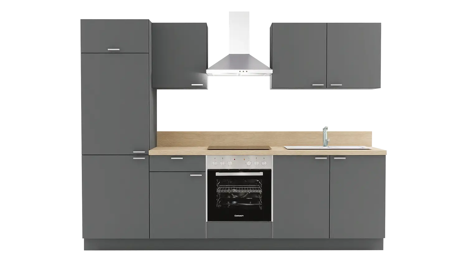 Express Küchenzeile mit Geräten in Anthrazit & Wildeiche: 270 cm, Spüle rechts | Singleküche "EXK300-1-1-r"