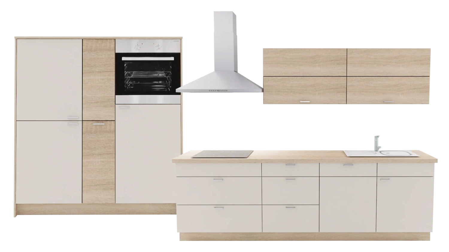 Express Küche mit Geräten in Crema & Bergeiche: zweizeilig, 274x154 cm, 428 cm, Spüle rechts | Doppelblock "EXK30-1-1-r" / Bild 1