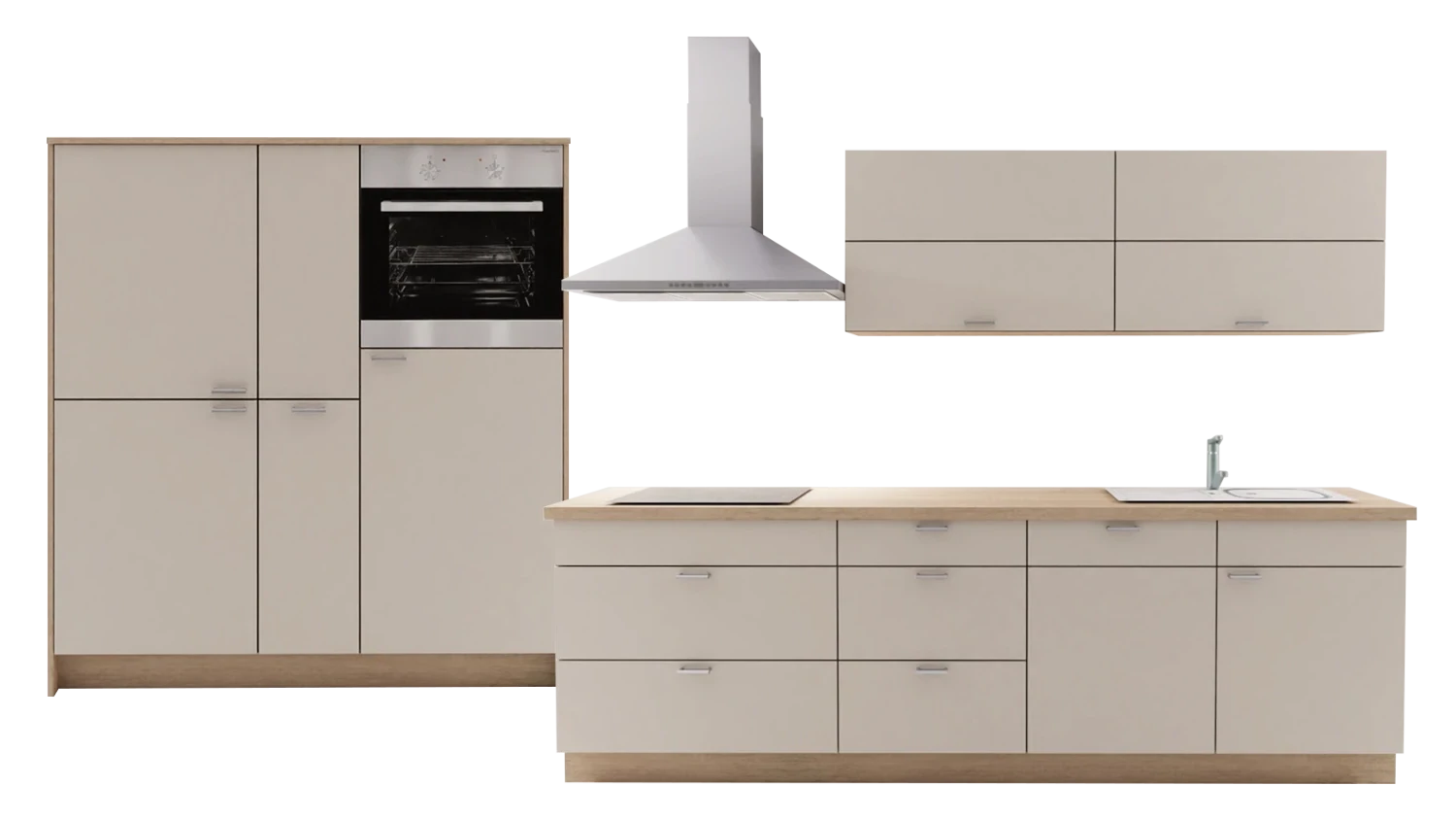 Express Küche mit Geräten in Crema & Bergeiche: zweizeilig, 274x154 cm, 428 cm, Spüle rechts | Doppelblock "EXK30-2-1-r" / Bild 1