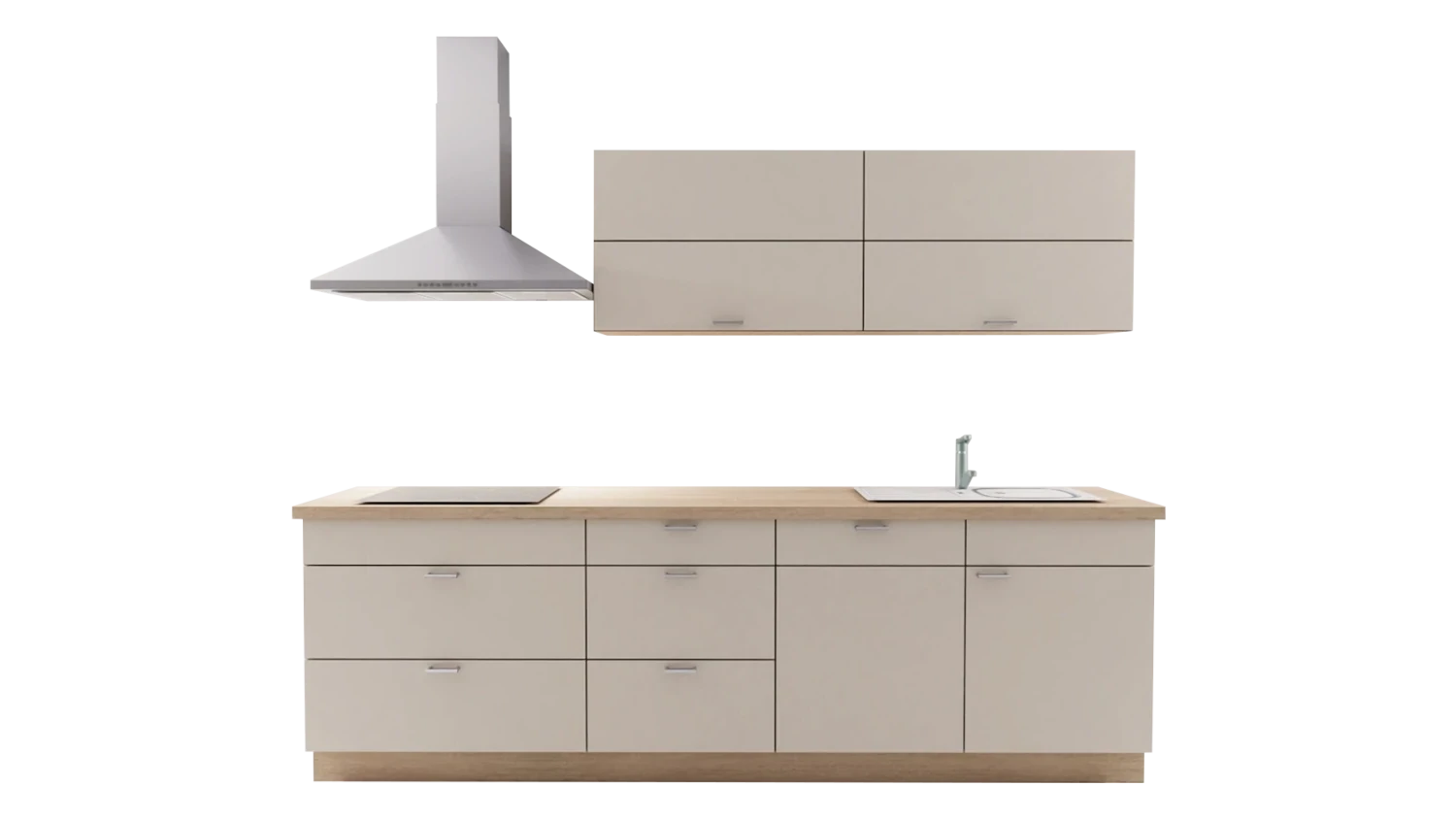 Express Küche mit Geräten in Crema & Bergeiche: zweizeilig, 274x154 cm, 428 cm, Spüle rechts | Doppelblock "EXK30-2-1-r" / Bild 2
