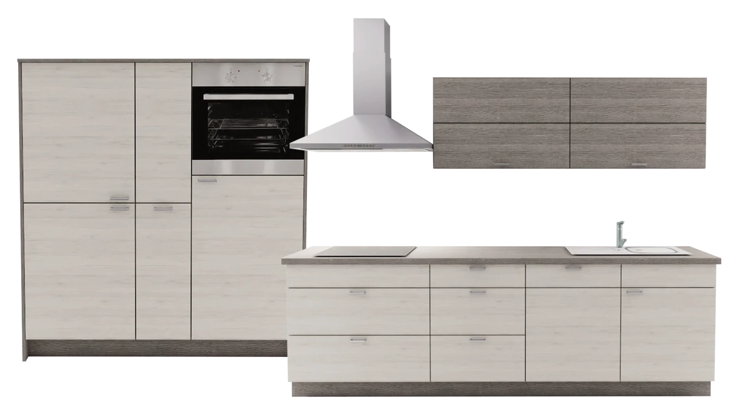 Express Küche mit Geräten in Eiche weiß & Eiche grau: zweizeilig, 274x154 cm, 428 cm, Spüle rechts | Doppelblock "EXK30-3-1-r" / Bild 1