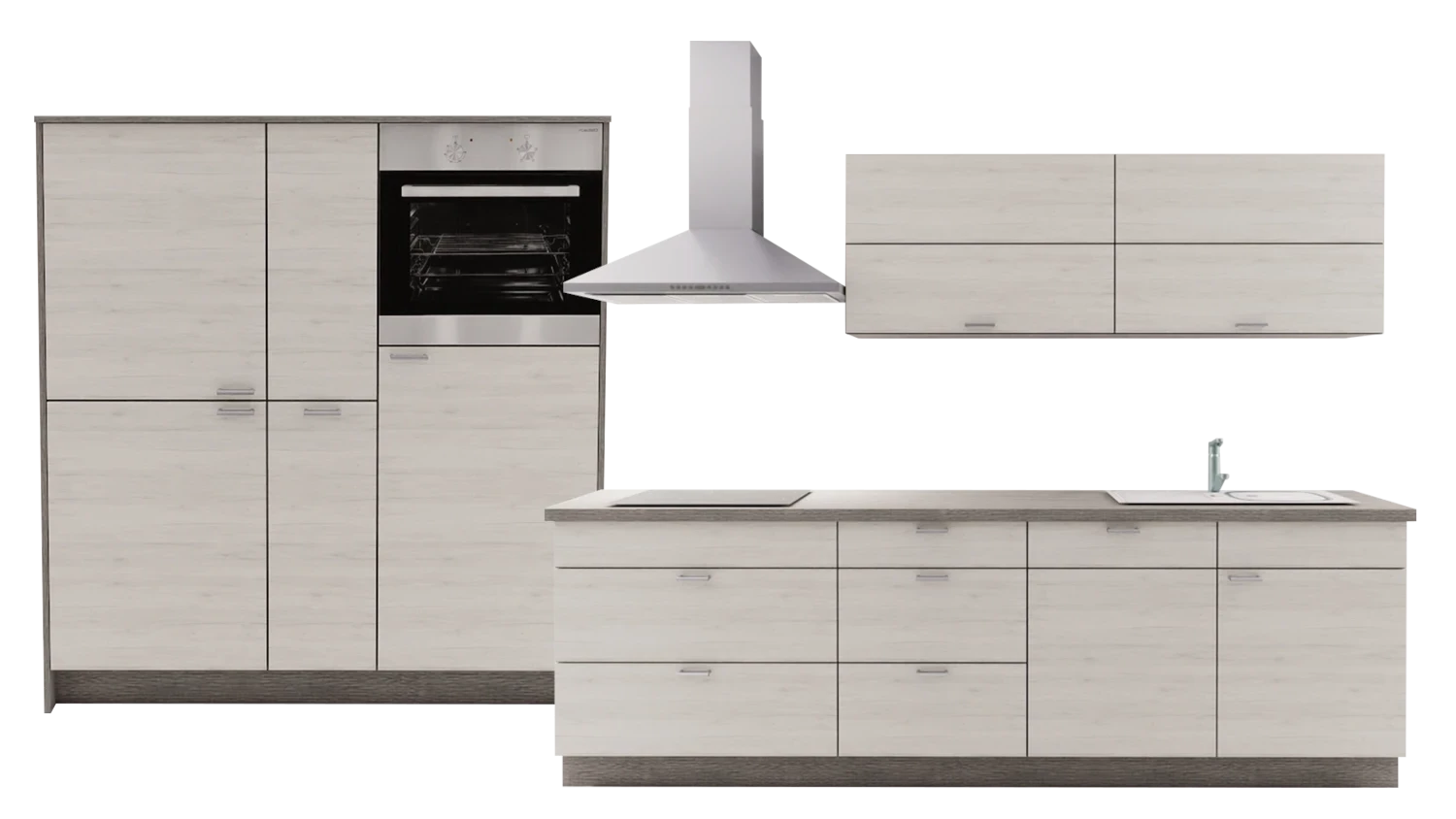 Express Küche mit Geräten in Eiche weiß & Eiche grau: zweizeilig, 274x154 cm, 428 cm, Spüle rechts | Doppelblock "EXK30-4-1-r" / Bild 1