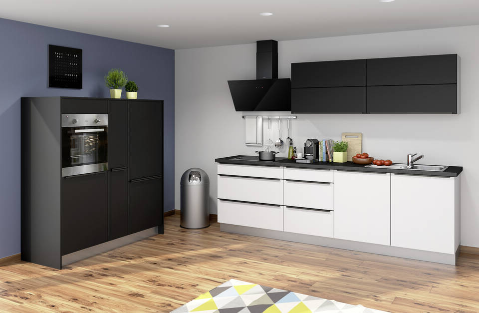 Express Küche mit Geräten in Weiß & Schwarz: zweizeilig, 274x154 cm, 428 cm, Spüle rechts | Doppelblock "EXK20-1-1-r" / Bild 1