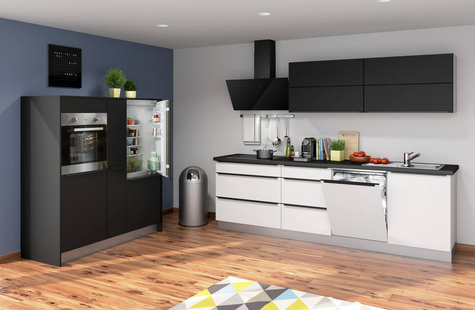 Express Küche mit Geräten in Weiß & Schwarz: zweizeilig, 274x154 cm, 428 cm, Spüle rechts | Doppelblock "EXK20-1-1-r" / Bild 2