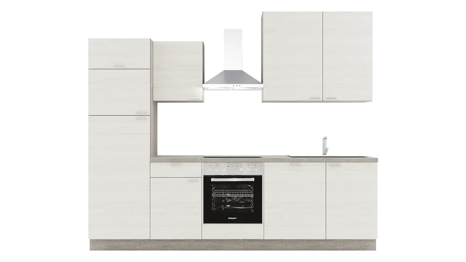 Express Küchenzeile mit Geräten in Eiche weiß & Eiche grau: 280 cm, Spüle rechts | Singleküche "EXK660-6-1-r" / Bild 1