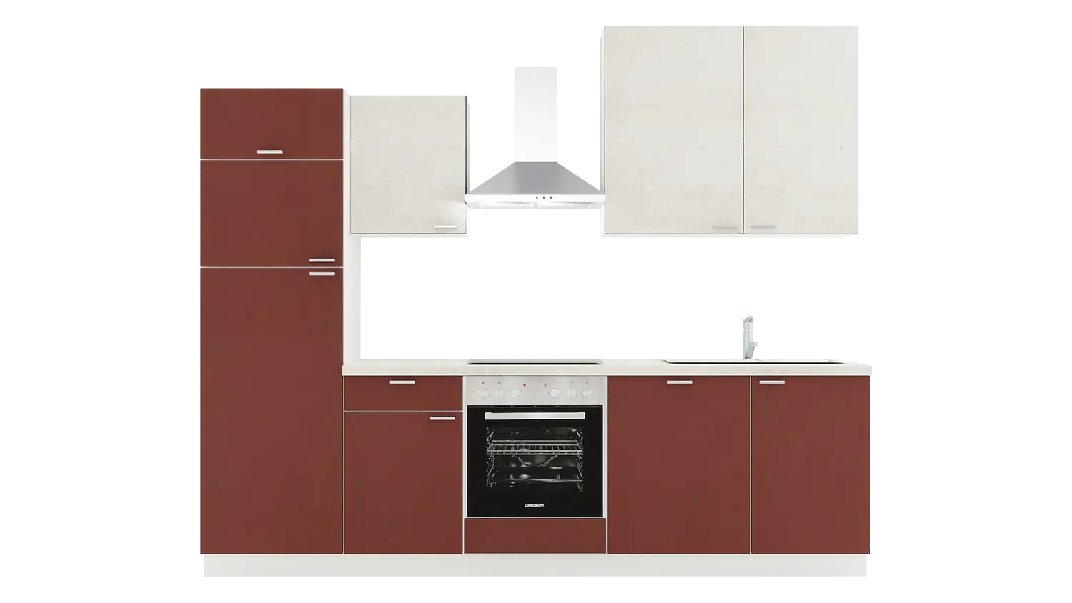 Express Küchenzeile mit Geräten in Karminrot & Beton steinweiß: 280 cm, Spüle rechts | Singleküche "EXK660-5-1-r"