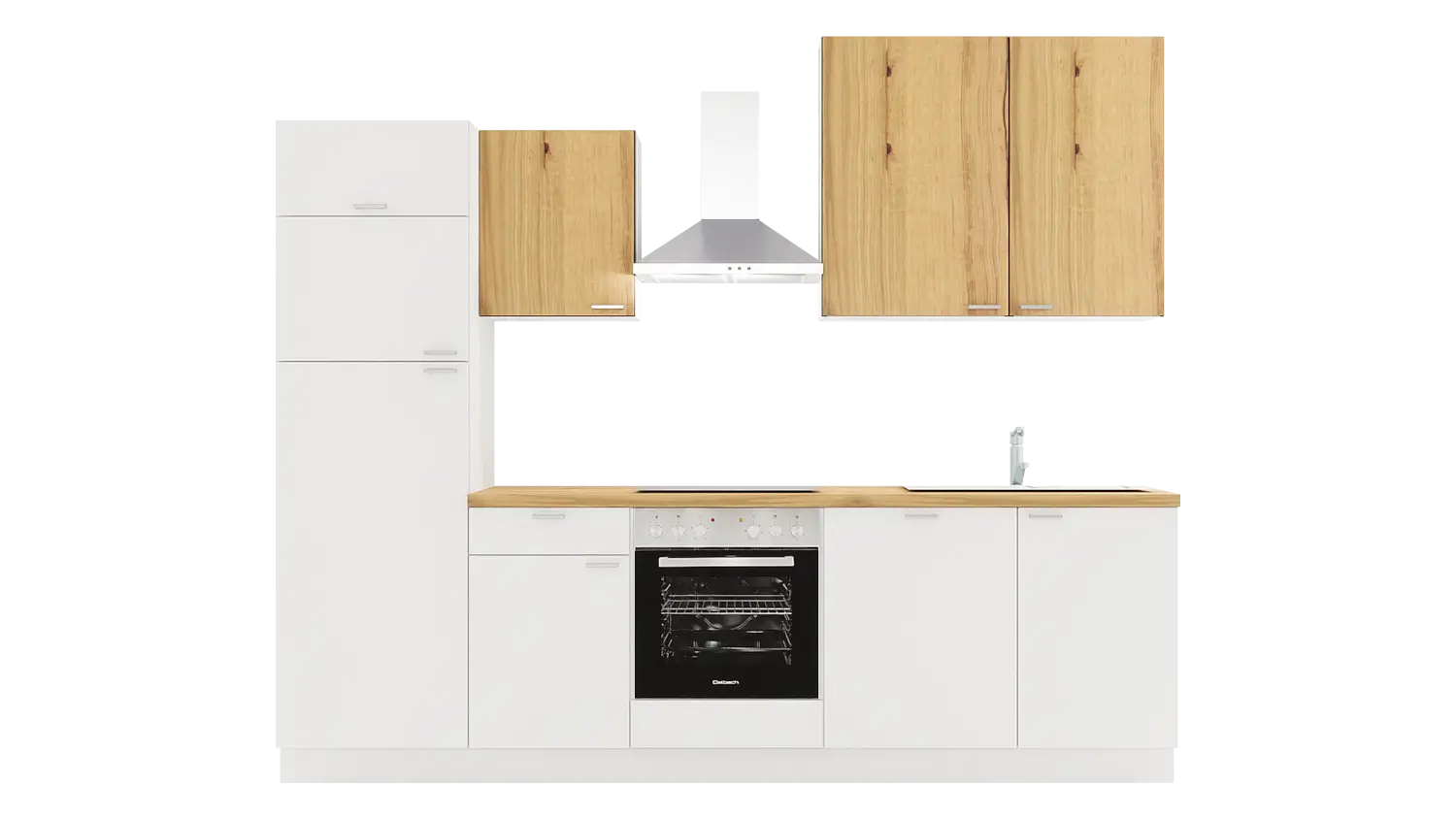 Express Küchenzeile mit Geräten in Weiß & Eiche astig: 280 cm, Spüle rechts | Singleküche "EXK660-4-1-r"
