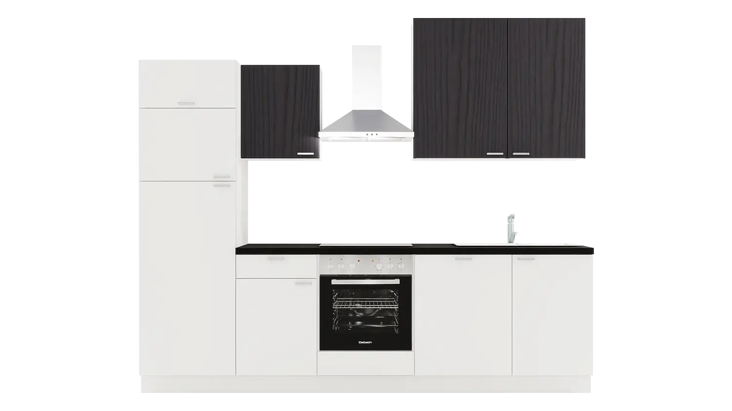 Express Küchenzeile mit Geräten in Weiß & Esche schwarz & Schwarz: 280 cm, Spüle rechts | Singleküche "EXK660-3-1-r"