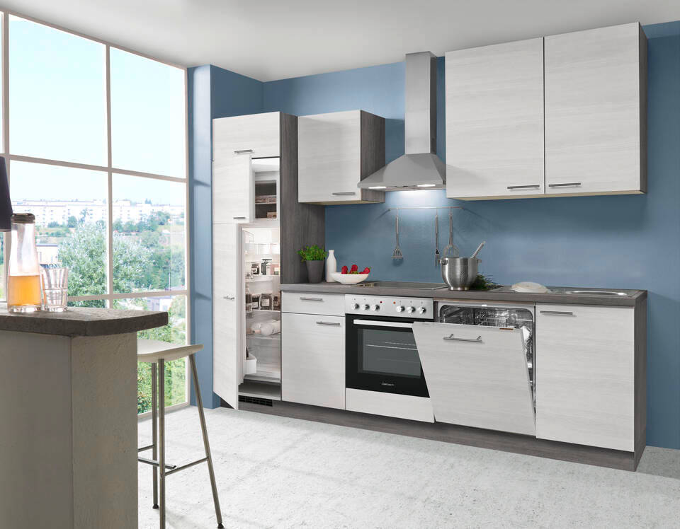 Express Küchenzeile mit Geräten in Eiche weiß & Eiche grau: 280 cm, Spüle rechts | Singleküche "EXK660-6-1"
