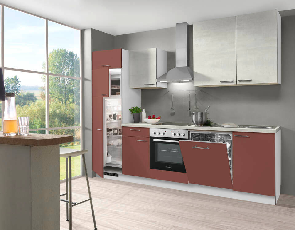 Express Küchenzeile mit Geräten in Karminrot & Beton steinweiß & Weiß: 280 cm, Spüle rechts | Singleküche "EXK660-5-1-r"