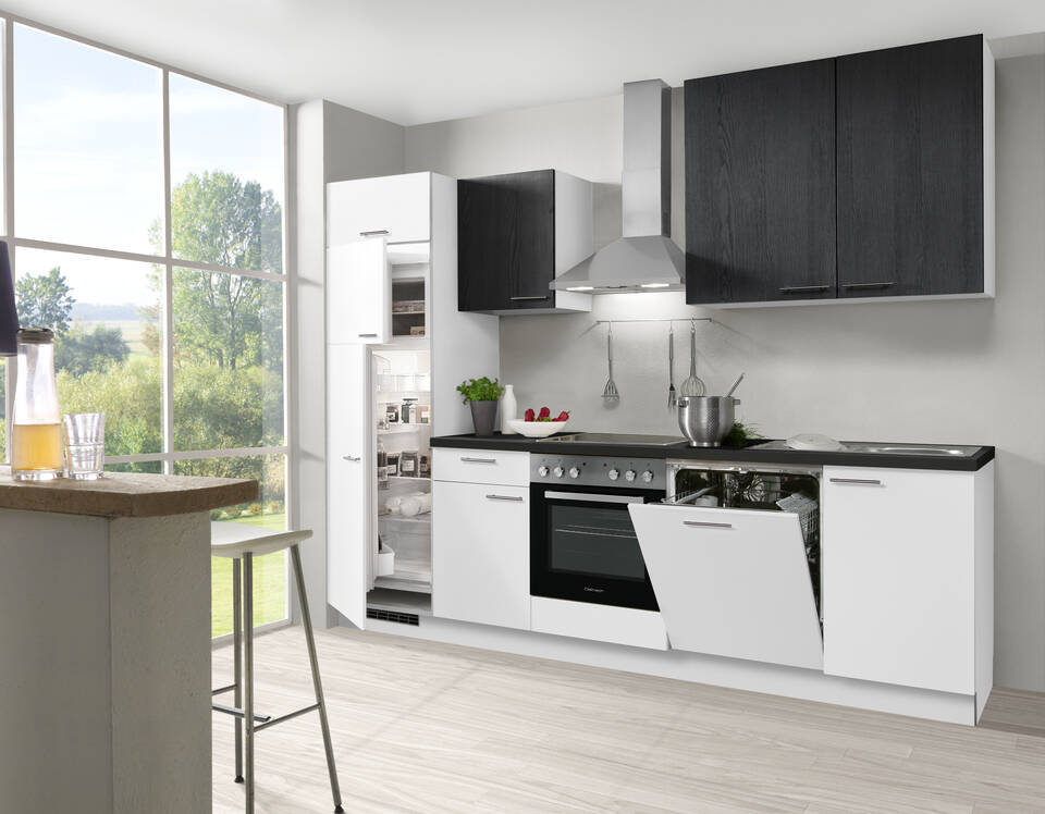 Express Küchenzeile mit Geräten in Weiß & Esche schwarz & Schwarz: 280 cm, Spüle rechts | Singleküche "EXK660-3-1"