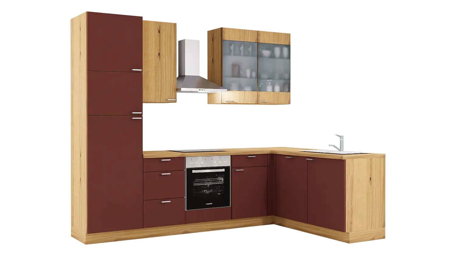 Express L-Küche mit Geräten in Karminrot & Eiche astig: 185x285 cm, 470 cm, Spüle rechts | Winkelküche "EXK700-1-1-r"