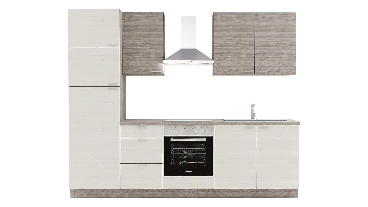 Express Küchenzeile mit Geräten in Eiche weiß & Eiche grau: 270 cm, Spüle rechts | Singleküche "EXK710-1-1-r"