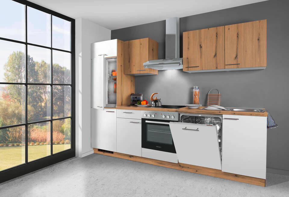 Express Küchenzeile mit Geräten in Weiß & Eiche astig: 280 cm, Spüle rechts | Singleküche "EXK720-2-1-r"