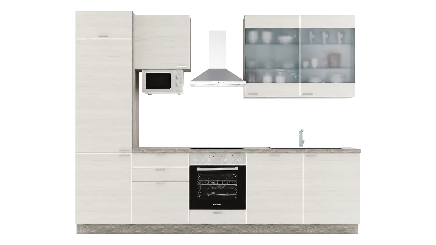 Express Küchenzeile mit Geräten in Eiche weiß & Eiche grau: 300 cm, Spüle rechts | Singleküche "EXK740-3-1-r"