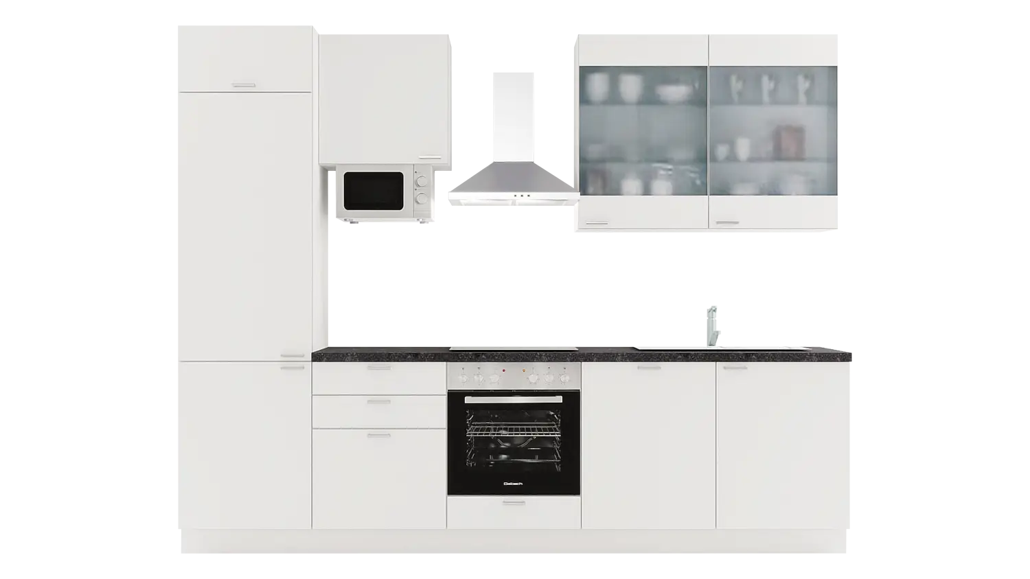 Express Küchenzeile mit Geräten in Weiß & Beton dunkel: 300 cm, Spüle rechts | Singleküche "EXK740-1-1-r"