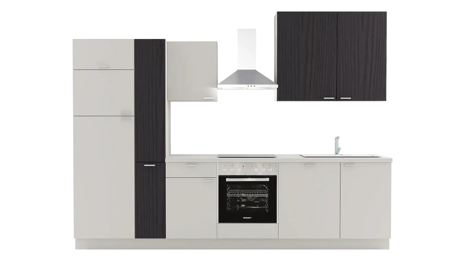Express Küchenzeile mit Geräten in Hellgrau & Esche schwarz: 310 cm, Spüle rechts | Küchenblock "EXK750-1-1-r"