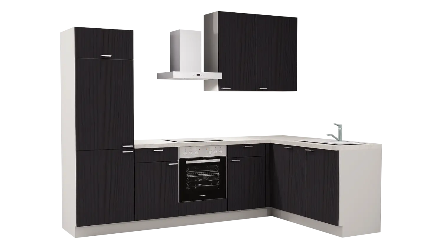 Express L-Küche mit Geräten in Esche schwarz & Beton hell: 285x175 cm, 460 cm, Spüle rechts | Winkelküche "EXK760-1-1-r"