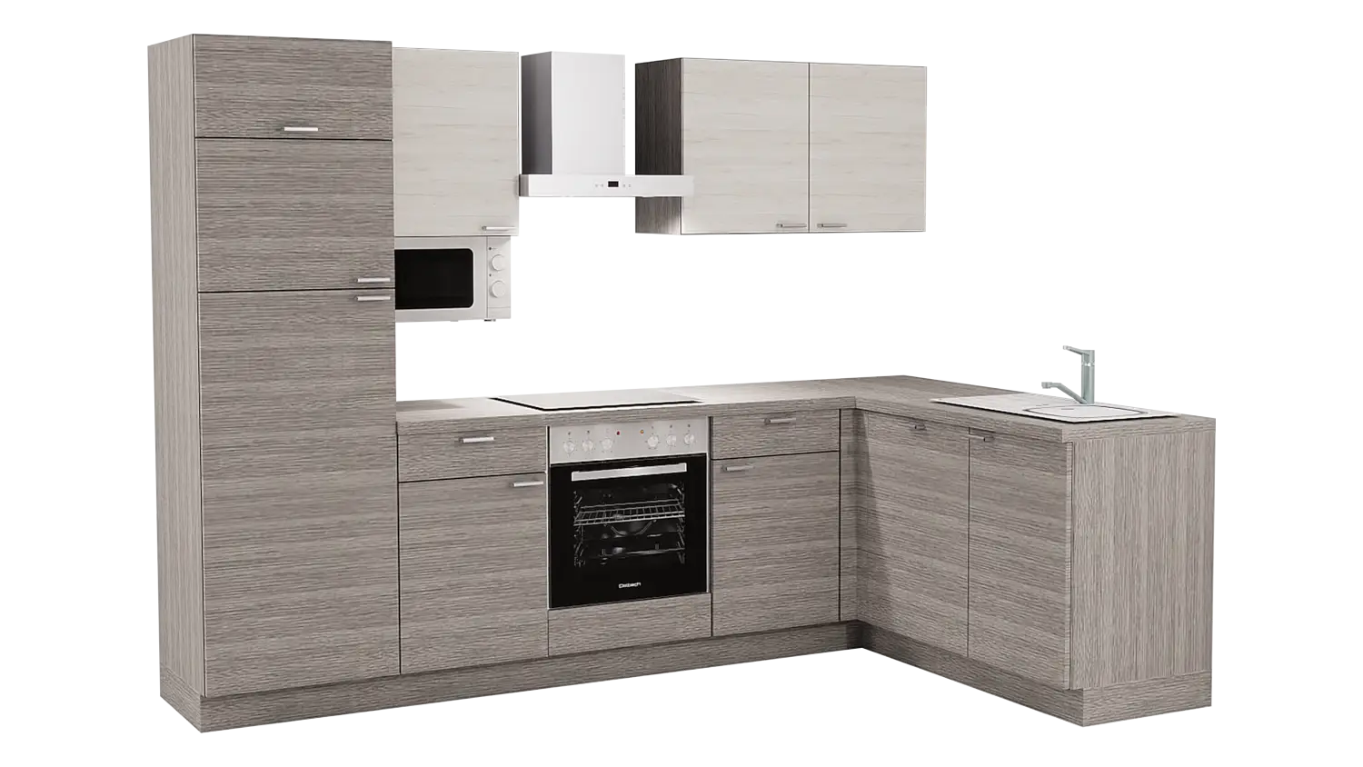Express L-Küche mit Geräten in Eiche grau & Eiche weiß: 285x175 cm, 460 cm, Spüle rechts | Winkelküche "EXK770-1-1-r"