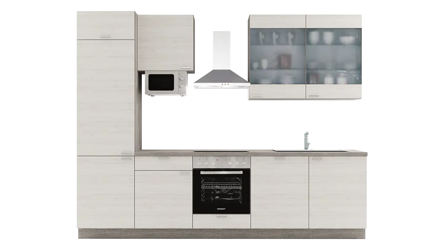 Express Küchenzeile mit Geräten in Eiche weiß & Eiche grau: 280 cm, Spüle rechts | Singleküche "EXK830-1-1-r"