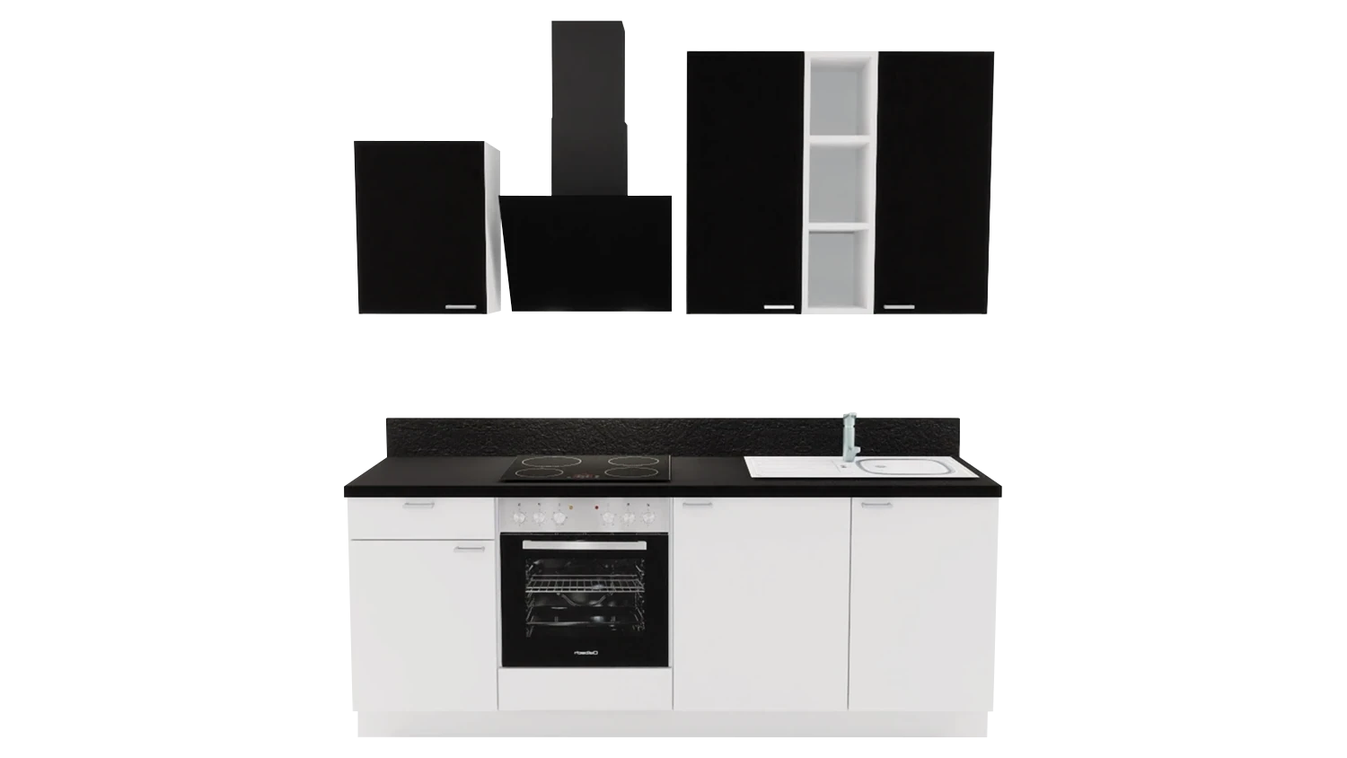 Express Küchenzeile mit Geräten in Weiß & Schwarz: 220 cm, Spüle rechts | Singleküche "EXK840-4-1-r" / Bild 1