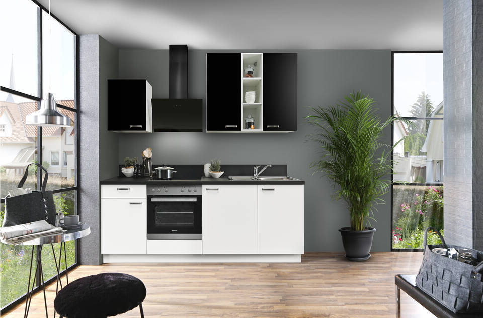 Express Küchenzeile mit Geräten in Weiß & Schwarz: 220 cm, Spüle rechts | Singleküche "EXK840-4-1-r" / Bild 3