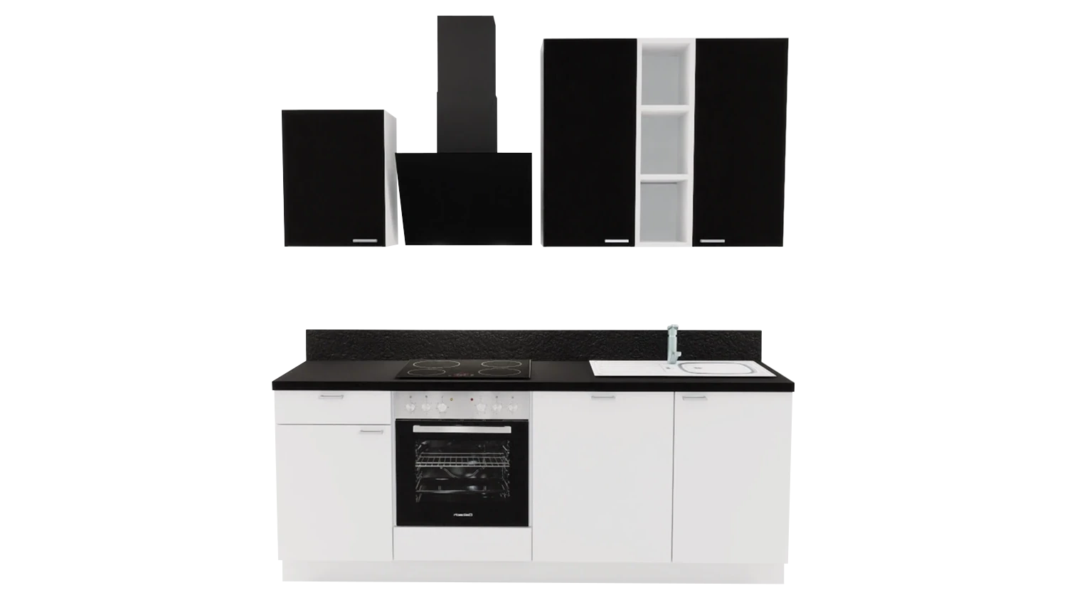 Express Küchenzeile mit Geräten in Weiß & Schwarz: 220 cm, Spüle rechts | Singleküche "EXK850-4-1-r" / Bild 1