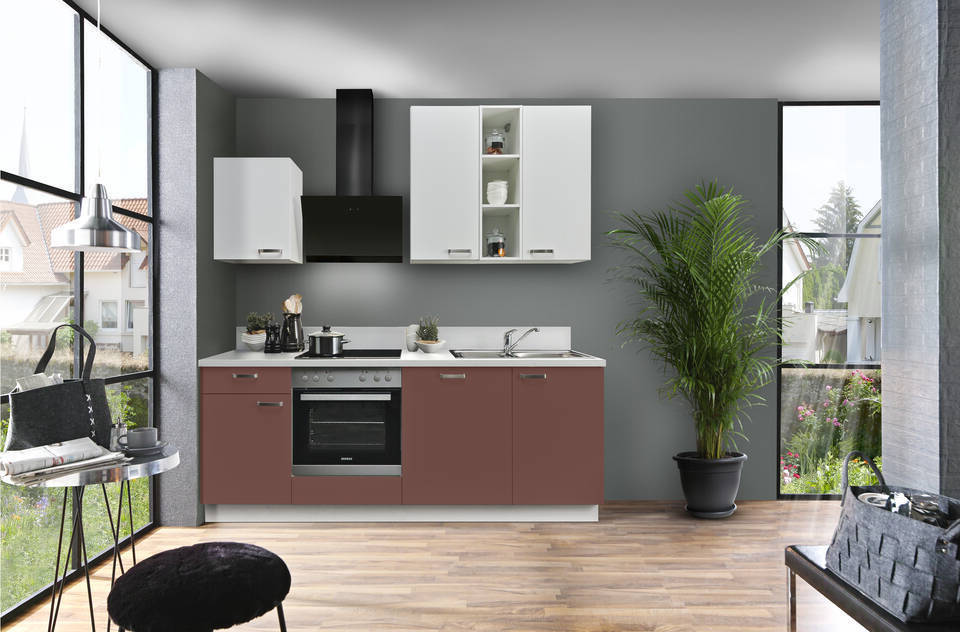 Express Küchenzeile mit Geräten in Karminrot & Weiß: 220 cm, Spüle rechts | Singleküche "EXK850-2-1-r" / Bild 2