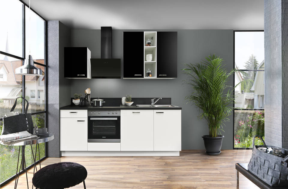 Express Küchenzeile mit Geräten in Weiß & Schwarz: 220 cm, Spüle rechts | Singleküche "EXK850-4-1-r" / Bild 3