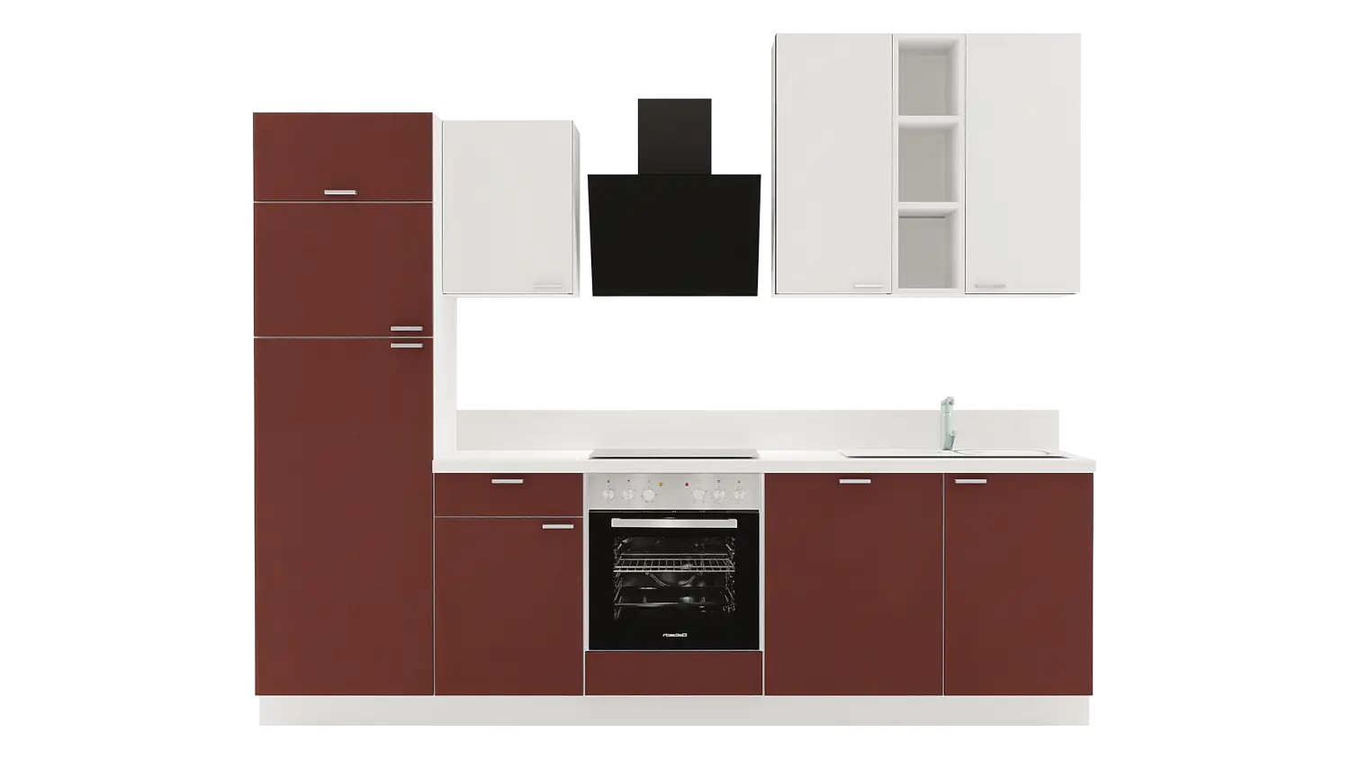 Express Küchenzeile mit Geräten in Karminrot & Weiß: 280 cm, Spüle rechts | Singleküche "EXK860-2-1-r"