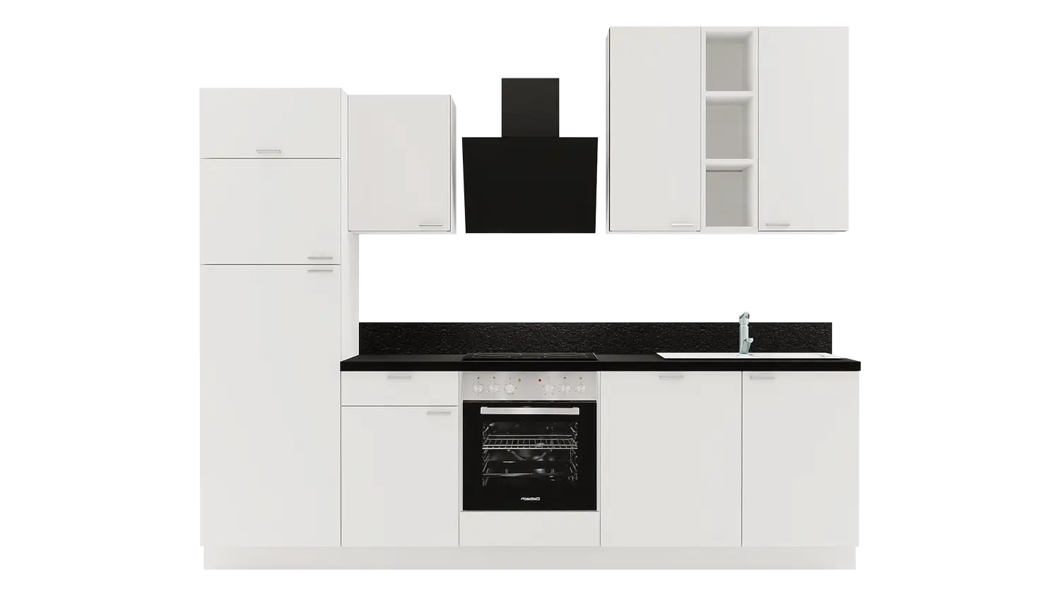 Express Küchenzeile mit Geräten in Weiß & Schwarz: 280 cm, Spüle rechts | Singleküche "EXK860-1-1-r" / Bild 1