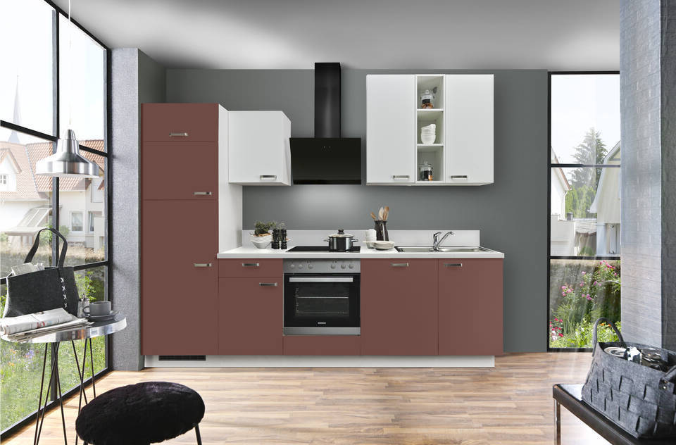 Express Küchenzeile mit Geräten in Karminrot & Weiß: 280 cm, Spüle rechts | Singleküche "EXK860-2-1-r"