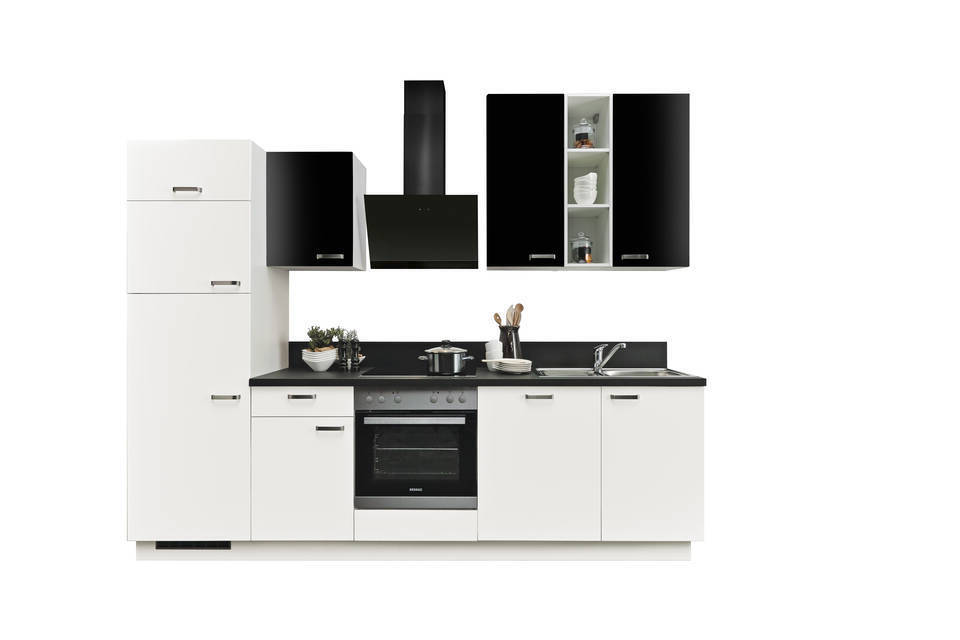 Express Küchenzeile mit Geräten in Weiß & Schwarz: 280 cm, Spüle rechts | Singleküche "EXK860-4-1-r" / Bild 3