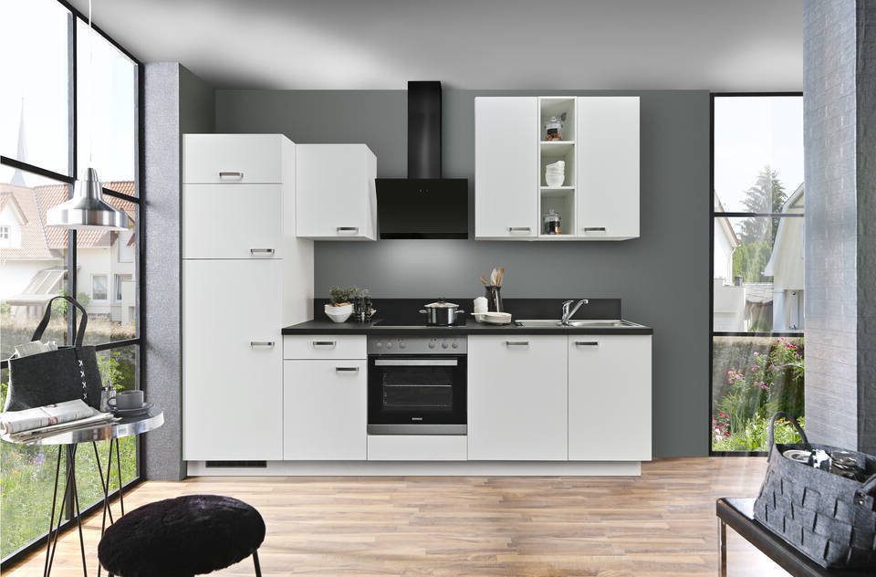 Express Küchenzeile mit Geräten in Weiß & Schwarz: 280 cm, Spüle rechts | Singleküche "EXK860-1-1-r" / Bild 2