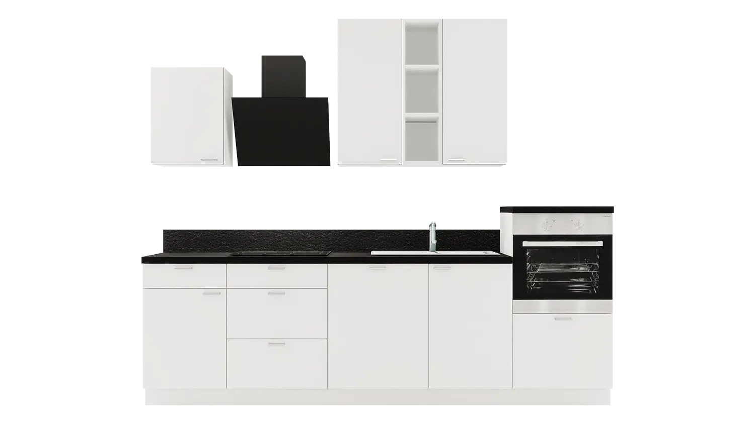 Express Küchenzeile mit Geräten in Weiß & Schwarz: 280 cm, Spüle rechts | Singleküche "EXK870-1-1-r" / Bild 1