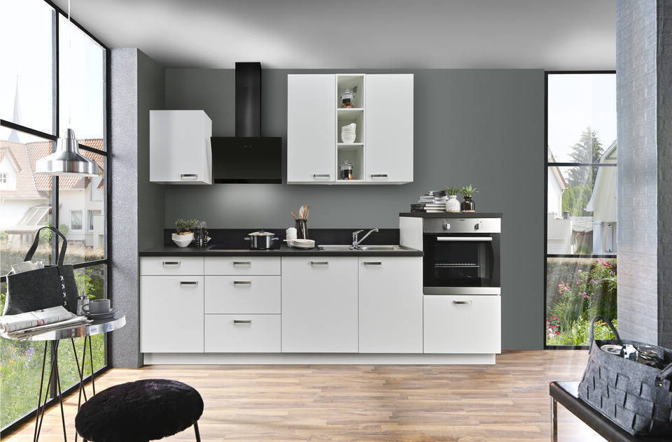 Express Küchenzeile mit Geräten in Weiß & Schwarz: 280 cm, Spüle rechts | Singleküche "EXK870-1-1-r" / Bild 2