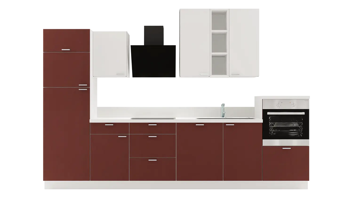 Express Küchenzeile mit Geräten in Karminrot & Weiß: 340 cm, Spüle rechts | Küchenblock "EXK880-2-1-r" / Bild 1
