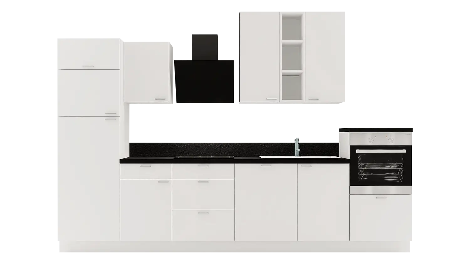 Express Küchenzeile mit Geräten in Weiß & Schwarz: 340 cm, Spüle rechts | Küchenblock "EXK880-1-1-r" / Bild 1